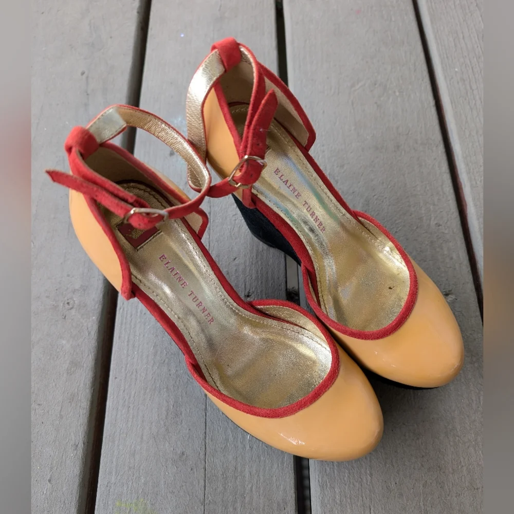 Elaine Turner Colorful Ankle Strap Platform‎ Heels 6 Patent Leather Retro Pinup